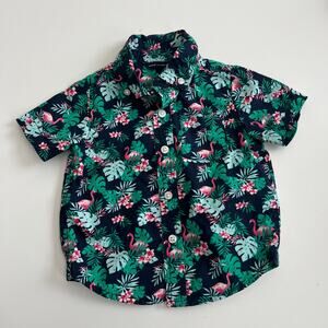 Janie & Jack Collared Hawaiian Shirt navy blue green leaf monstera pink flamingo